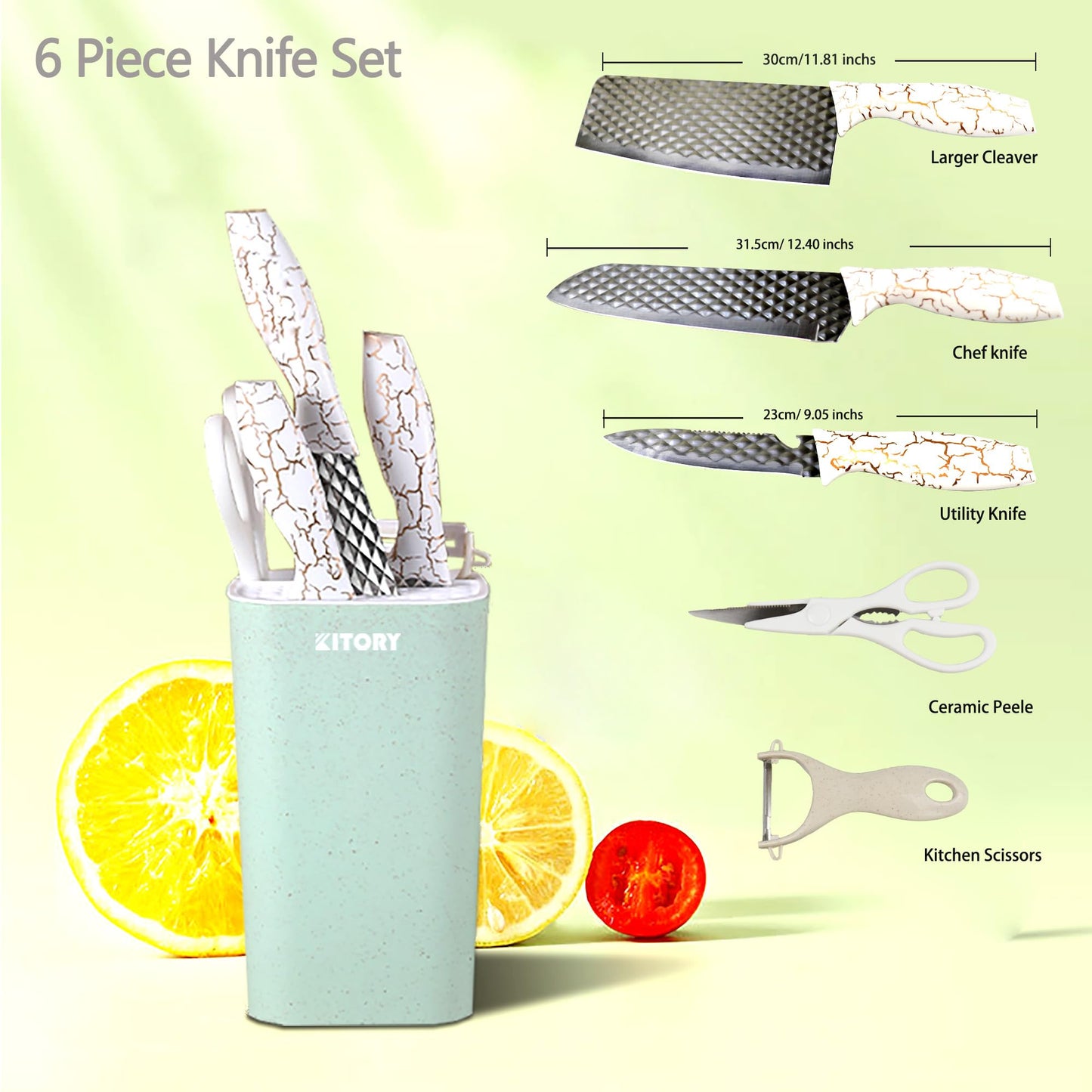 Kitory 6 Piece Cleaver Knife Set with Knife Block, White - KITORY Cutlery
