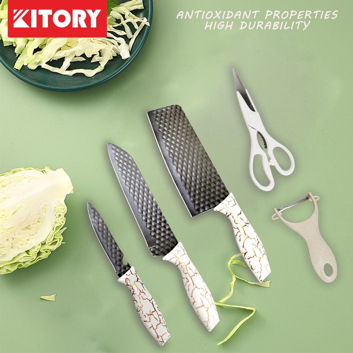 Kitory 6 Piece Cleaver Knife Set with Knife Block, White